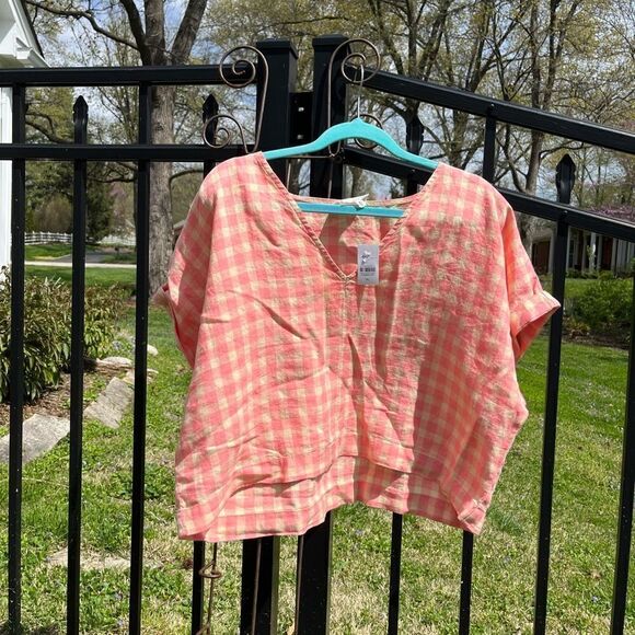 Lou & Grey Linen Gingham V-neck Top NWT - Picture 3 of 5